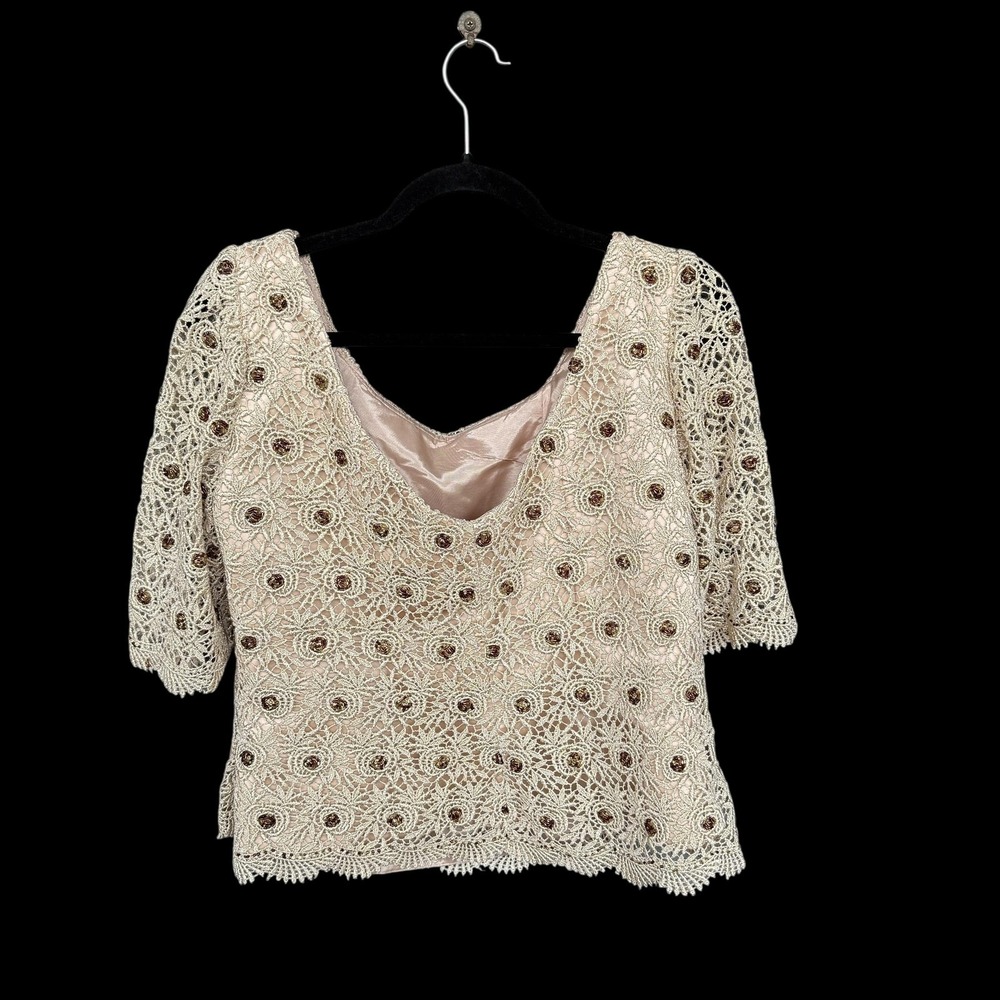 Watters And‎ Watters Top Womens 20 Gold Metallic Lace Beaded Scoop Neck Formal